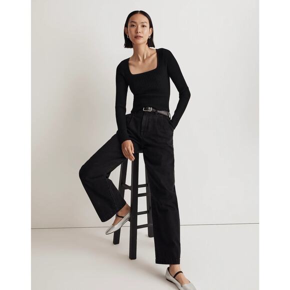 NEW Madewell Ottoman Black Ribbed Knit Square Neck Sweater Top Size XL - Picture 4 of 10